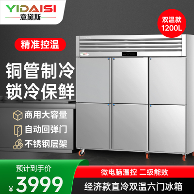 意黛斯 六门冰箱商用保鲜柜冷藏冷冻双温立式电冰箱 饭店厨房食堂六开门冰柜 不锈钢冷柜YDS-LBR6S 双温款