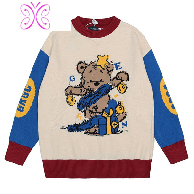 YUANSU复古撞色小熊毛衣男女宽松慵懒风韩版潮流日系情侣针织衫外套秋冬毛衣