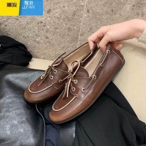 聚范全~min复古一脚蹬乐福单鞋女夏季新款做旧平底英伦小皮鞋