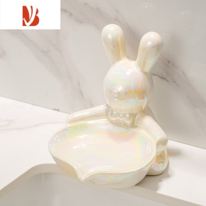 三维工匠轻奢风香皂盒子洗漱卫生间免打孔沥水置物架家用可爱的肥皂盒 小兔肥皂碟-珍珠白