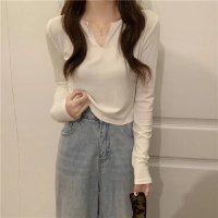 v领长袖T恤女秋季年新款韩版修身显瘦百搭打底衫短款学生上衣