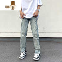 YANXU非潮勿近高街美式潮牌复古水洗破洞牛仔裤男宽松直筒vibe拉链裤子