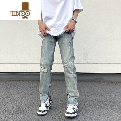 YANXU非潮勿近高街美式潮牌复古水洗破洞牛仔裤男宽松直筒vibe拉链裤子