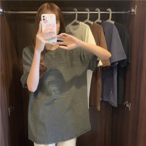 美式凹凸字母印花夏季宽松短袖T恤女学生上衣女士打底衫女装