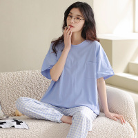睡衣女夏季棉质薄款短袖长裤可爱卡通宽松加大码家居服套装可外穿