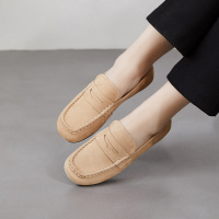 2026春季新款绒面头层牛皮乐福鞋英伦软底软面豆豆鞋女一脚蹬单鞋