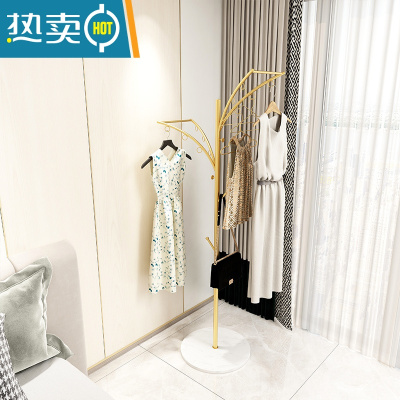 敬平简易衣架家用落地网红挂衣架小型衣帽架卧室客厅阳台晾衣架衣服架 R款金色+雅士白底座