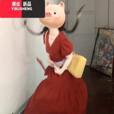 YIBUSHENG2024新款法式气质红色V领短袖连衣裙子女小个子显高设计感长裙