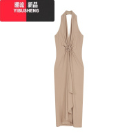 YIBUSHENG气质褶皱花朵挂脖吊带连衣裙女季修身开叉长裙露背收腰包臀裙子