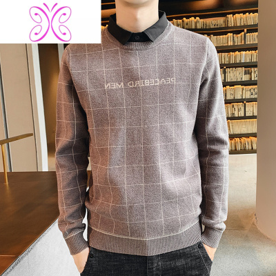 YUANSU假两件格子毛衣男士韩版带衬衫领针织衫秋冬季潮流长袖上衣服外套毛衣