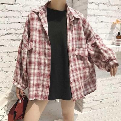 夏季防晒衣衬衫女韩版宽松型学生bf灯笼袖格子衬衣中长款外套女复古百搭涤纶莎丞