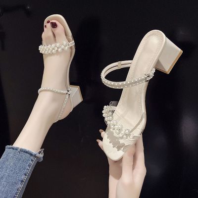 凉拖鞋女2021新款夏季凉鞋仙女风一字扣带粗跟中跟晚晚鞋瓷里茶