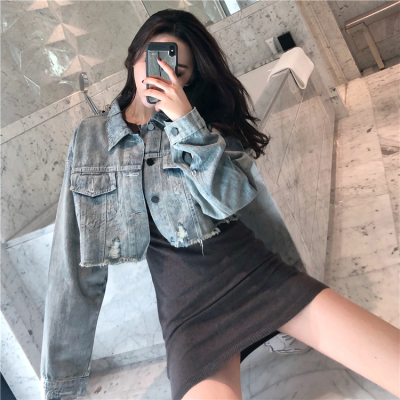 广赫春秋季新款宽松蓝色短款牛仔外套女韩版破洞长袖休闲上衣学生开衫夹克