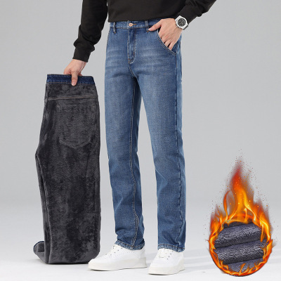 常规加绒男士加绒牛仔裤秋冬季新款修身弹力直筒商务大码男装