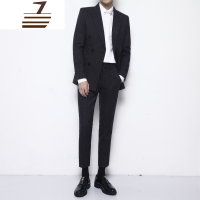NEWLAKE韩国东大英伦修身双排扣西服男条纹套装商务男士西装套装两件套