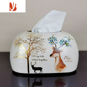 三维工匠抽纸盒客厅家用轻奢北欧纸巾盒美式创意餐巾盒欧式陶瓷纸抽盒 米黄色麋鹿款(送底板)