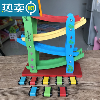 儿童惯性滑行轨道车四层天梯滑梯车男孩小汽车模型玩具真智力四层滑滑车配8辆车-回力玩具