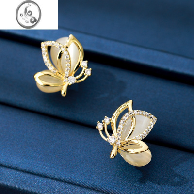 JiMi蝴蝶猫眼石耳钉女银银高级感气质耳环小众设计感金色耳饰小巧精致