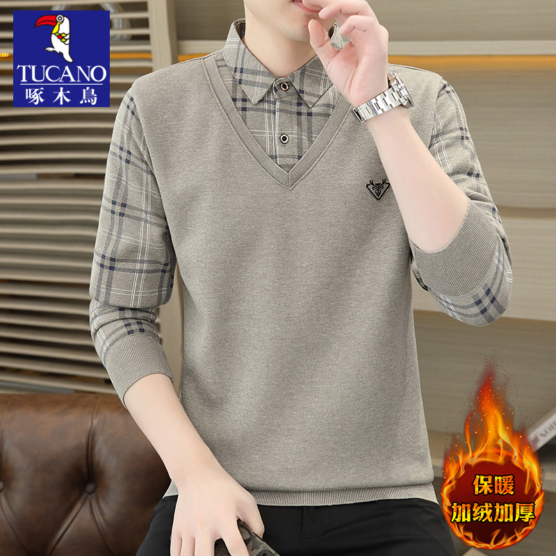 啄木鸟加绒加厚毛衣男士假两件2024新款冬季衬衫领保暖针织打底衫