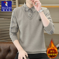 啄木鸟加绒加厚毛衣男士假两件2024新款冬季衬衫领保暖针织打底衫