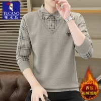 啄木鸟加绒加厚毛衣男士假两件2024新款冬季衬衫领保暖针织打底衫