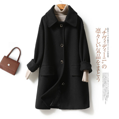 FISHBASKET黑色赫本风呢子大衣女中长款2020宽松加厚夹棉小个子毛呢外套毛呢外套