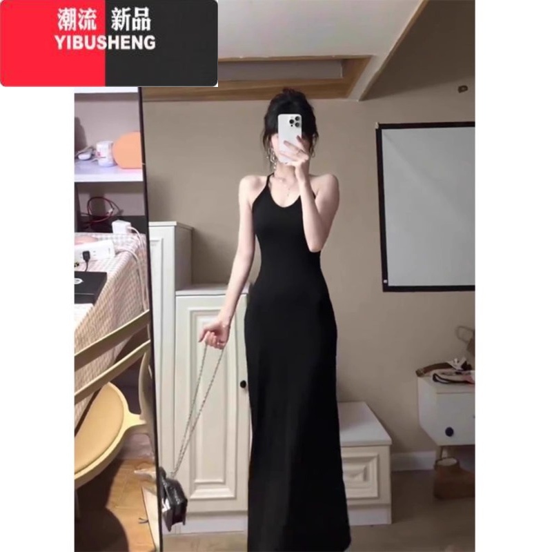YIBUSHENG露背黑色挂脖吊带连衣裙女季纯欲风性感辣妹收腰显瘦两件套长裙