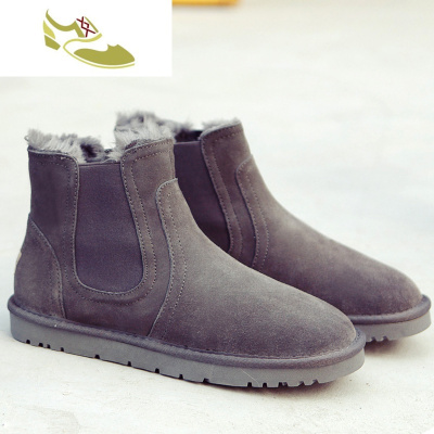 喻娄品牌雪地靴男冬季加绒保暖厚真皮高帮防水防滑情侣中筒切尔西面包棉鞋