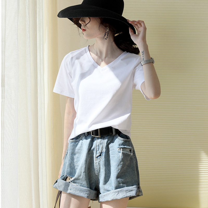 斯尔丽 性感圆领纯色短袖女t恤紧身打底内搭上衣新款纯棉修身
