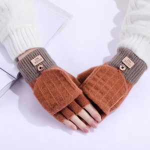 手套女冬季半指翻盖学生写字露指韩秋冬针织毛线骑行保暖手套3450