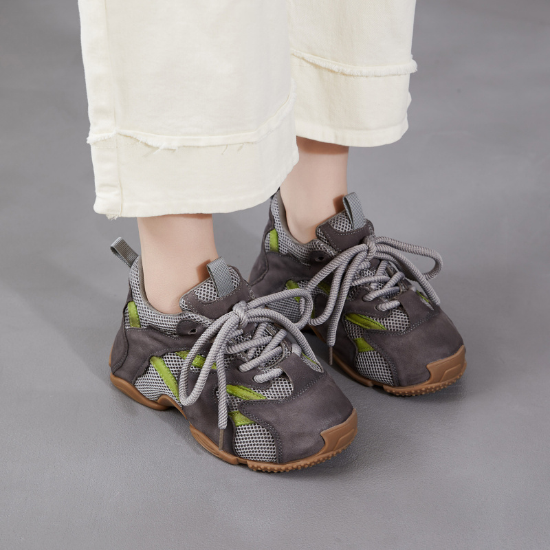 头层牛皮撞色老爹鞋女2026春季新款真皮网面休闲运动女鞋厚底潮鞋