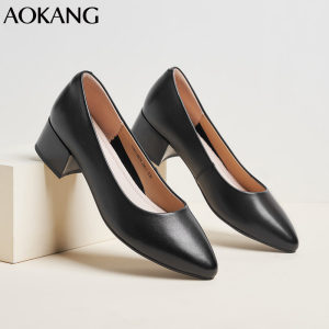奥康女鞋尖头舒适牛皮透气粗跟单鞋工作鞋空姐酒店职业皮鞋女