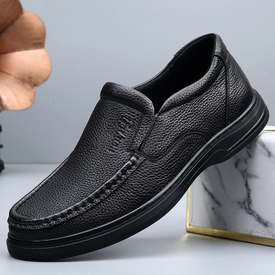 头层牛皮豆豆鞋男秋冬季新款软底中老年人皮鞋男士休闲一脚蹬男鞋