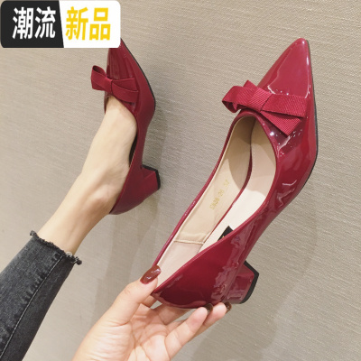 潮2020春季新款大码女鞋时尚蝴蝶结尖头浅口红色单鞋女低跟职业鞋广赫