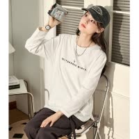 [1.5折价37元]唐狮下摆开叉长袖上衣女白色内搭打底衫新款女秋冬圆领T恤