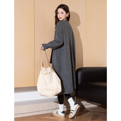 [3件8.5折127.4元,叠加优惠券]唐狮慵懒风简约百搭中长款开衫外套女新款冬季韩版灰色毛衣qd
