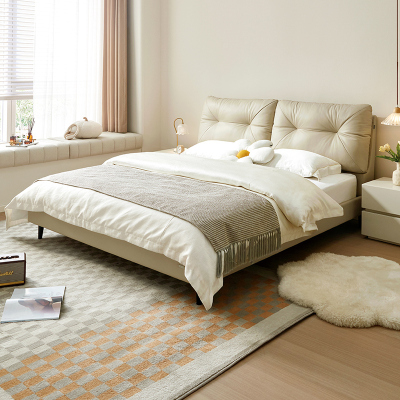 全友家居现代简约软床卧室进口头层牛皮双层叠复软靠皮艺床1.5m1.8米双人皮床