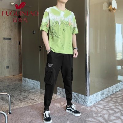 富贵鸟(FUGUINIAO)夏季新款男士短袖T恤套装男装潮流社会精神小伙休闲运动一套衣服