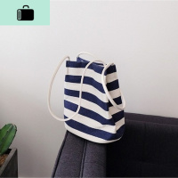 ins同款小包包女帆布包女水桶包条纹单肩包女学生简约休闲手提包NEW LAKE 藏青色女士单肩包