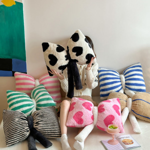 ins创意个性少女心兔兔绒条纹蝴蝶结抱枕靠垫卧室客厅沙发韩式风