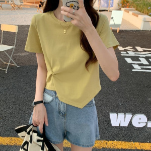 短款心机设计感修身打底衫纯色上衣女夏高腰露脐不规则短袖T恤女