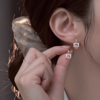 s925银草莓晶猫咪耳线女可爱小众设计感流苏耳链耳钉气质甜美耳饰送女朋友老婆情人节七夕生日礼物