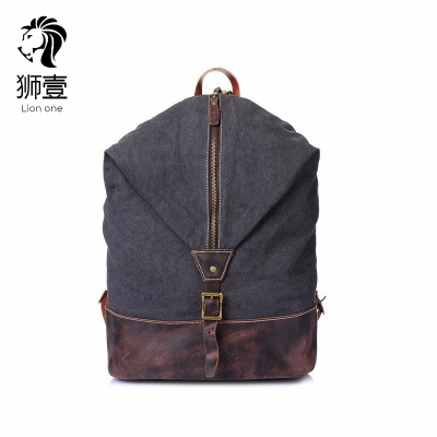 狮壹（Lionone）轻奢品牌古帆布男背包包大容量水桶配皮包潮流个性双肩包耐磨