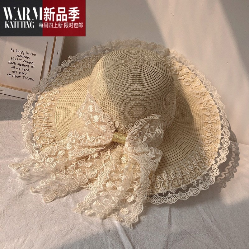 shanchao夏季公主草帽亲子蕾丝蝴蝶结海边沙滩旅游遮阳帽子法式洛丽塔