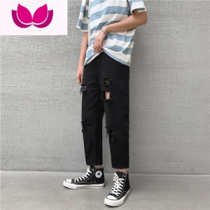 七斓ins港风破洞牛仔裤男直筒宽松夏季学生潮流百搭休闲九分乞丐裤子