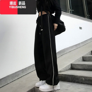 YIBUSHENGins火裤子女新款黑色运动裤宽松显瘦原宿风束脚阔腿休闲裤
