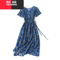 YIBUSHENG时尚棉绸连衣裙大摆裙系带收腰宽松显瘦V领绵绸长款人造棉口袋