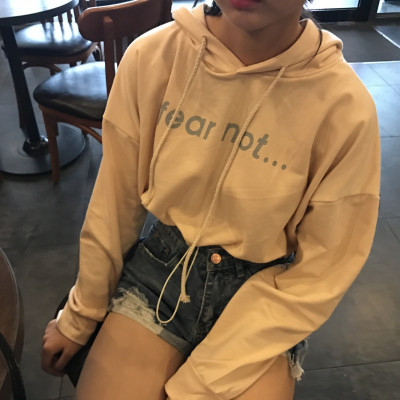 秋装女装韩版学院风百搭短款字母长袖连帽抽头卫衣女学生上衣杏色均码（160/84A）