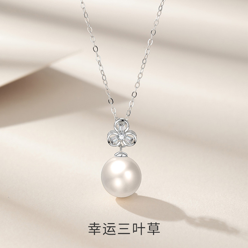 s999足银三叶草珍珠项链女纯银2024新锁骨链送妈妈母亲节礼物
