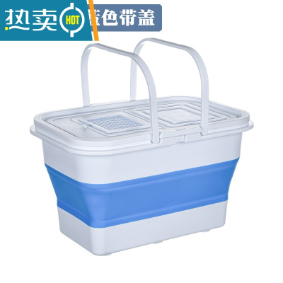 敬平折叠长方形大水桶钓鱼家用车载户外清洁压缩便携式加厚拖地挤水桶 13L蓝色方形水桶[带盖]